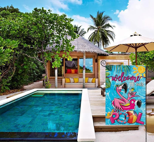 Summer POOL Garden Flags for Outdoor, Flamingo Welcome to Our POOL Small Yard Flags for Outside, Swimming Pool Decoration for Party Holiday 12x18 Inch Double Sided