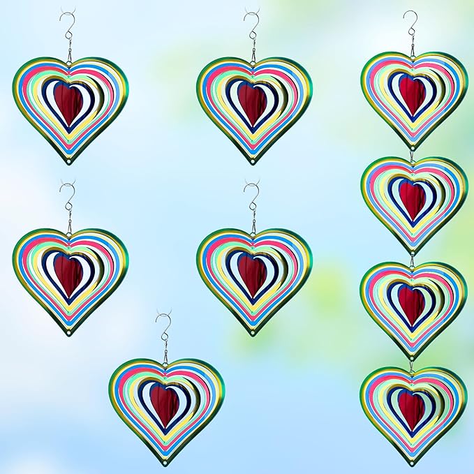 9 Pcs Heart Wind Spinners Colorful: Outdoor Garden Decor Metal Yard Lawn Ornaments with 360 Degree Swivel Hook, Reflective Bird Device Deterrent to Keep Birds Away from Porch Yard Patio Parking