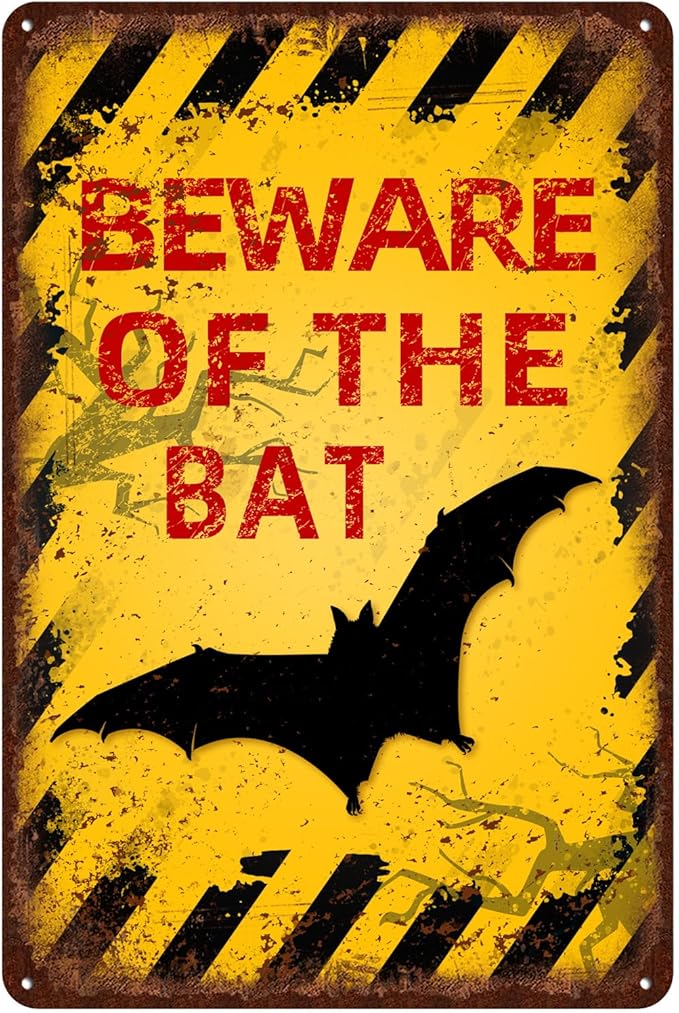 Vintage Bat Metal Sign Beware of Bat Aluminum Sign Funny Beware Animal Decor 12"x8" Inch