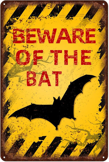 Vintage Bat Metal Sign Beware of Bat Aluminum Sign Funny Beware Animal Decor 12"x8" Inch