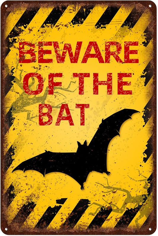Vintage Bat Metal Sign Beware of Bat Aluminum Sign Funny Beware Animal Decor 12"x8" Inch