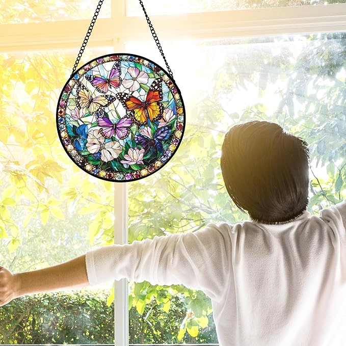 DASTOLL Stained Glass Window Hanging, Colorful Butterfly Suncatcher for Doors Home Sun Catchers Decoration and Christmas, Mother's Day Birthday Gifts for Women, Men, and Mom 7.8 in