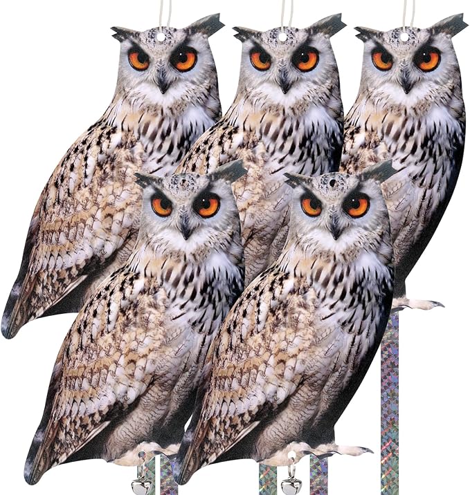 5 Pack Owl Scare Reflective Hanging Owl Decoration, Effective Animal Control Device to Scare Pigeons and Woodpeckers Away from Patio and Garden