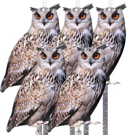 5 Pack Owl Scare Reflective Hanging Owl Decoration, Effective Animal Control Device to Scare Pigeons and Woodpeckers Away from Patio and Garden