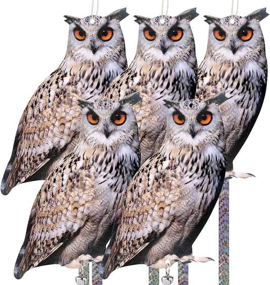 5 Pack Owl Scare Reflective Hanging Owl Decoration, Effective Animal Control Device to Scare Pigeons and Woodpeckers Away from Patio and Garden