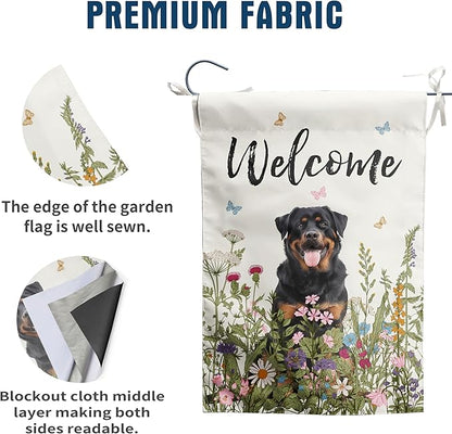 Floral Rottweiler Garden Flag Spring Summer House Flags 28 x 40 Double Sided Flower Dog Yard Flags for Outside Large Outdoor Welcome Flags