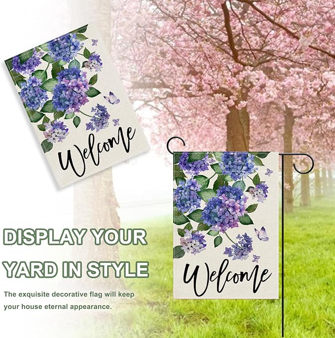 Welcome Spring Hydrangea Decorative Garden Flag, Purple Floral Flowers Butterfly Yard Outside Decorations, Summer Farmhouse Outdoor Small Home Decor Double Sided 12 x 18