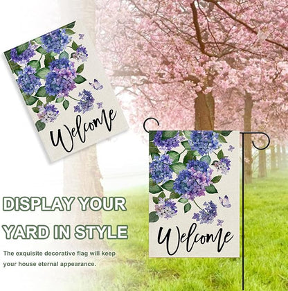 Welcome Spring Hydrangea Decorative Garden Flag, Purple Floral Flowers Butterfly Yard Outside Decorations, Summer Farmhouse Outdoor Small Home Decor Double Sided 12 x 18