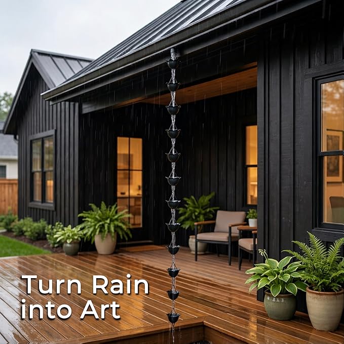 Gardzen Aluminum Rain Chain for Gutter, 8.5 Feet Decorative Rainchain with 13 Flower Cups, Heavy Duty Outside Rain Catcher for Eaves Drainage, Black
