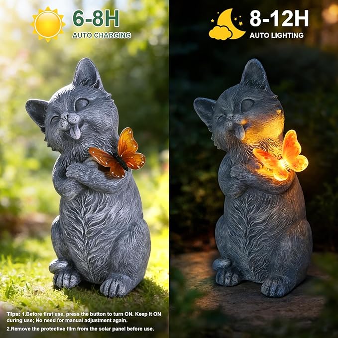 Solar Cat Garden Statue Outdoor Decor 10 Inch with LED Butterfly Light, Resin Cat Decor for Yard Patio Porch Lawn Balcony, Solar Garden Decor, Gifts for Mom Grandma Women