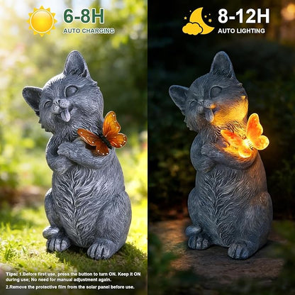 Solar Cat Garden Statue Outdoor Decor 10 Inch with LED Butterfly Light, Resin Cat Decor for Yard Patio Porch Lawn Balcony, Solar Garden Decor, Gifts for Mom Grandma Women