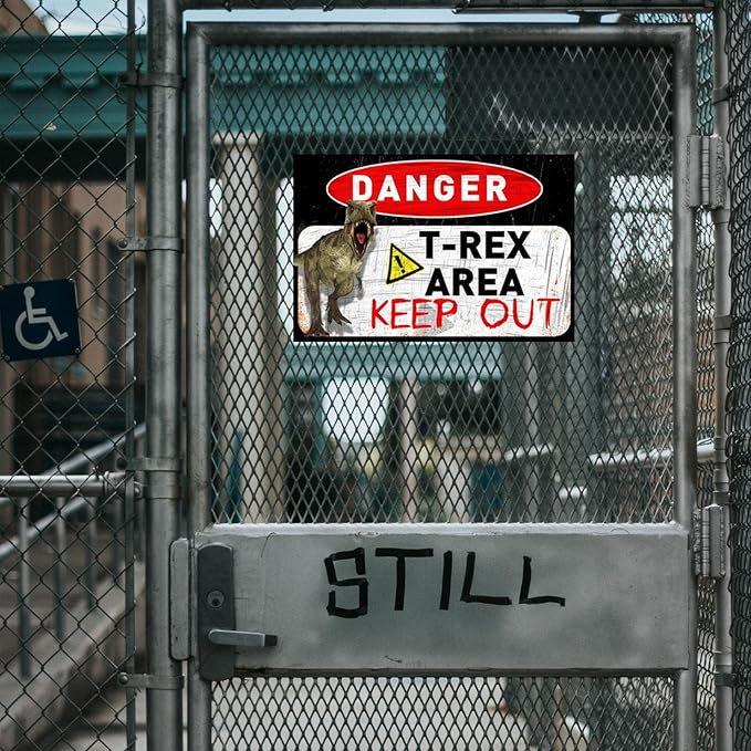 Funny Beware of Dog Sign Private Property No Trespassing Warning Signs, Danger T-Rex Area Keep out, Yard Sign Garage Farm Garden Wall Decor Sign Plaque Outdoor for Home Fence 8 X 12 Inches