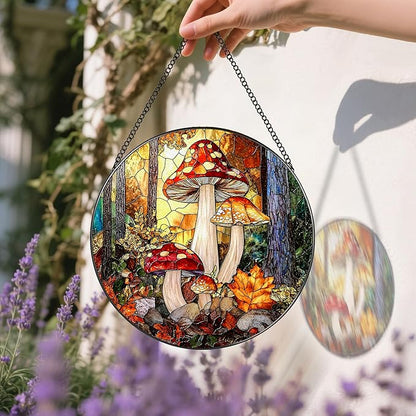 8-Inch Mushroom Suncatcher Ornament: Stained Glass Window Hanging & Decor, Sun Catchers Indoor Window — Gifts for Christmas & Holidays, Ideal Gifts for Nature and Mushroom Lovers, Gift Idea