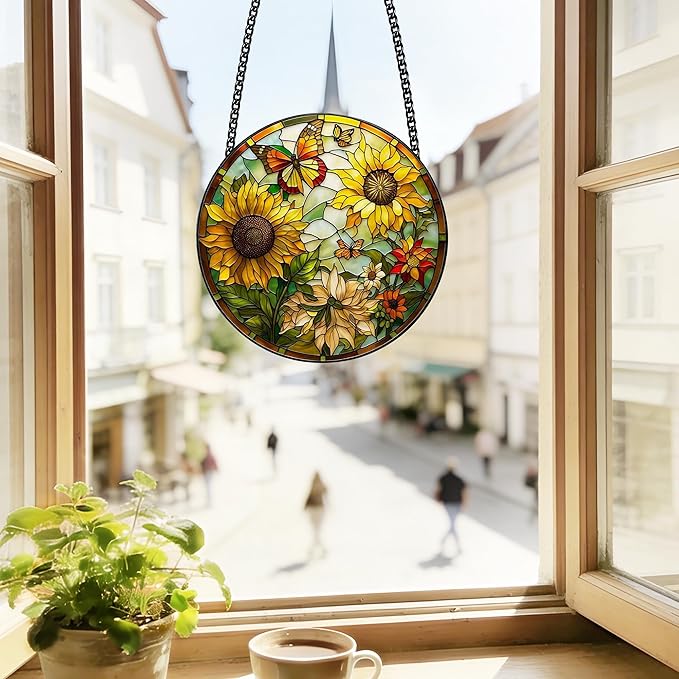 Stained Glass Window Hanging, Sunflower Sun Catchers Glass Panel Yellow Suncatcher Decor for Birthday, Women, Men, Wife, Aunt, Lovers, Home Garden 7.8 in