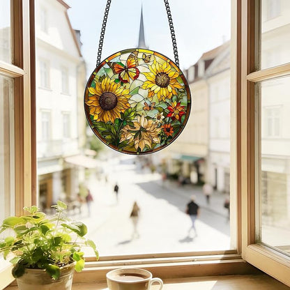 Stained Glass Window Hanging, Sunflower Sun Catchers Glass Panel Yellow Suncatcher Decor for Birthday, Women, Men, Wife, Aunt, Lovers, Home Garden 7.8 in