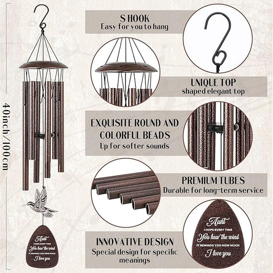 Aunt Gifts Wind Chimes - Metal Hummingbird Windchimes with Card Indoor Outdoor Hanging Decor for Garden Patio Yard Balcony Backyard Appreciation Birthday Gift for Aunts from Niece Nephew