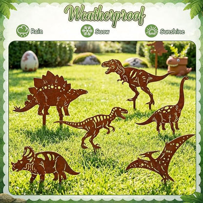 6 Pcs Rusty Dinosaur Garden Statues Decor Metal Porch Dinosaurs Stake Outdoor Lawn Decor Decorative Dinosaur Lovers Gift Real Rust Yard Sign for Yard Patio Garden Pathway Courtyard