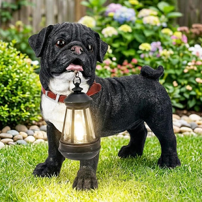 Black Pug Garden Statue with Solar Lantern and Interchangeable Signs (Welcome & On Patrol), Resin Dog Sculpture Outdoor Decor for Patio Yard Lawn Porch, Pug Lover Gifts, 12.2"