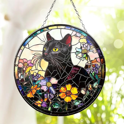 Black Cat with Flower Acrylic Suncatche Sun Catchers Indoor Windown Suncatchers for Windows Hanging Christmas Suncatchers Window Decor Outdoor
