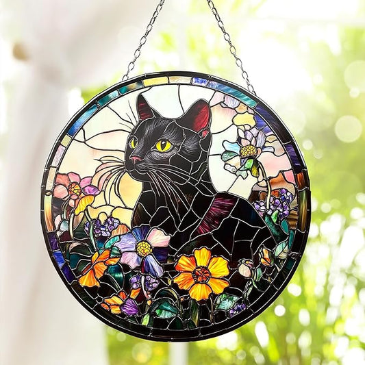 Black Cat with Flower Acrylic Suncatche Sun Catchers Indoor Windown Suncatchers for Windows Hanging Christmas Suncatchers Window Decor Outdoor
