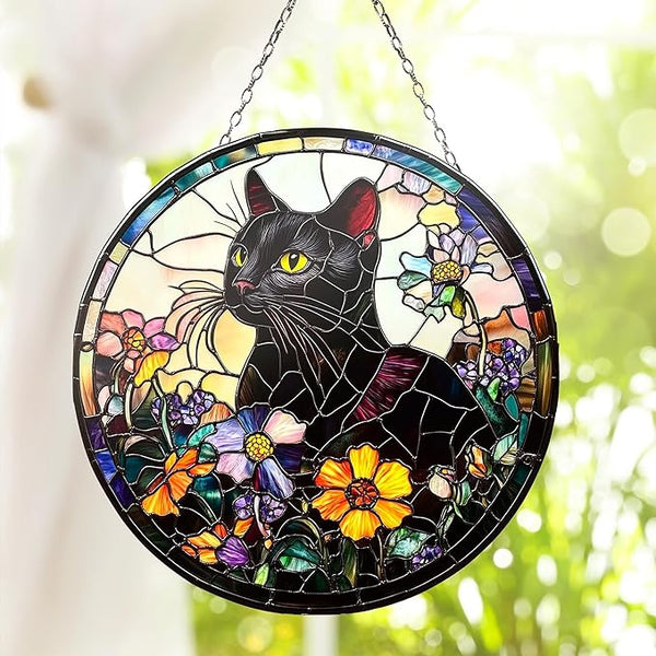 Black Cat with Flower Acrylic Suncatche Sun Catchers Indoor Windown Suncatchers for Windows Hanging Christmas Suncatchers Window Decor Outdoor