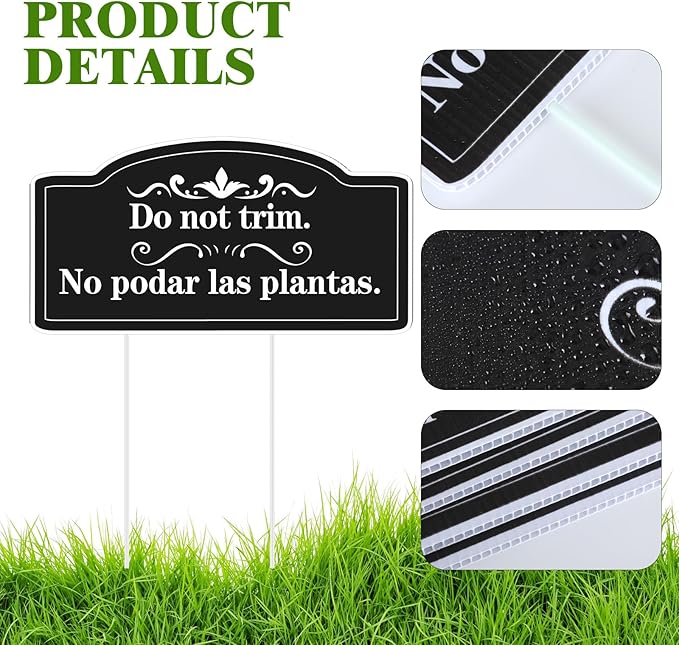 Soaoo 4 Pcs Corrugated Plastic Do Not Trim Yard Signs with Stakes 6.2 x 3.3 Inch 9.2 x 4.9 Inch Plant Signs Bilingual Garden Markers for Outdoor Lawn (Black,Elegant)