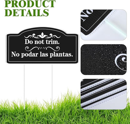 Soaoo 4 Pcs Corrugated Plastic Do Not Trim Yard Signs with Stakes 6.2 x 3.3 Inch 9.2 x 4.9 Inch Plant Signs Bilingual Garden Markers for Outdoor Lawn (Black,Elegant)