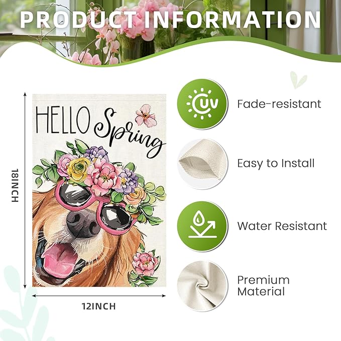 Hello Spring Garden Flags for Outside 12x18 Inch Double Sided, Dog with Flowers Hat Small Yard Decoration, Seasonal Summer Anniversary Wedding Decor for Farmhouse Holiday Outdoor