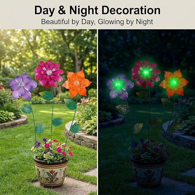 Floral Garden Stake Glow in Dark Plant Pick Water Proof Metal Flower Stick for Outdoor Garden Decor, Set of 3