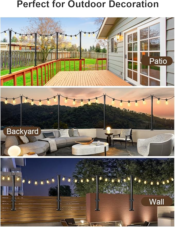 4 Pack String Light Poles for Deck, 5Ft Heavy-Duty Metal Deck Light Poles for Outside with Fixing Clips, Lighting Hanging Post Accessories for Patio Decor Garden Backyard Yard Fence Porch Decorations
