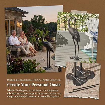 Polibi Crane Garden Statue Set of 2, Rustproof Cast Aluminum Bird Sculptures, Dark Bronze Finish Outdoor Yard Art Decor, Metal Crane Statues for Patio Lawn Backyard, No Assembly