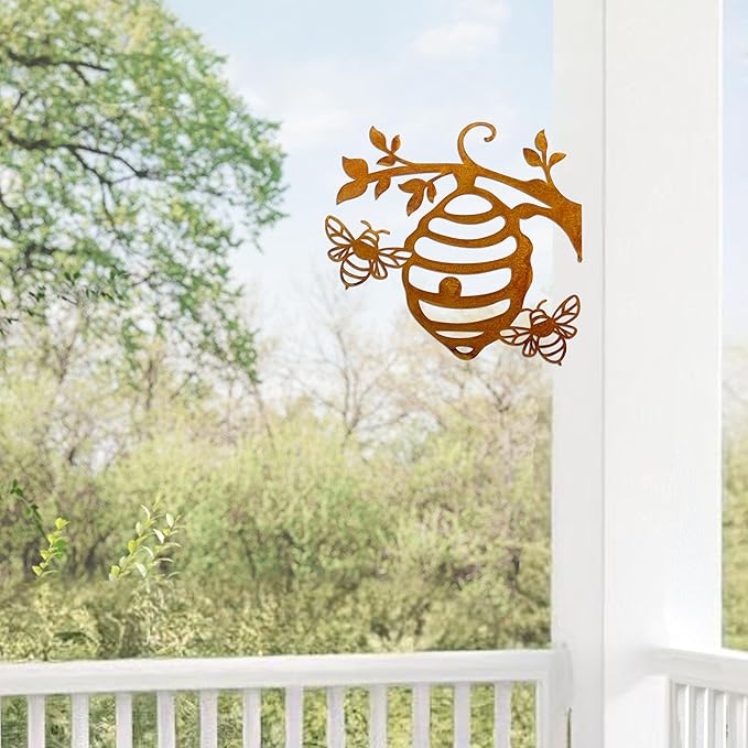 Metal Rusty Bee & Honeycomb Metal Garden Sculpture Outdoor Yard Art Ornament Exquisite Animal BeeTree Stake Decoration for Home Garden Yard Outdoor 11.2x10.7inch