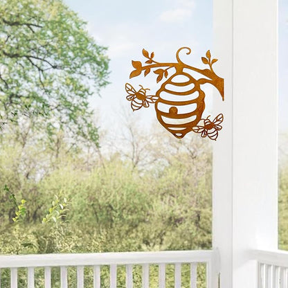 Metal Rusty Bee & Honeycomb Metal Garden Sculpture Outdoor Yard Art Ornament Exquisite Animal BeeTree Stake Decoration for Home Garden Yard Outdoor 11.2x10.7inch
