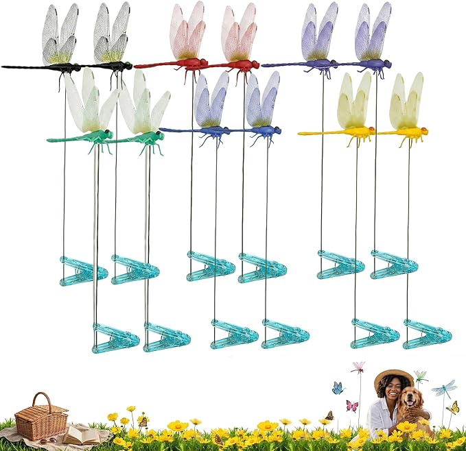 Jongdari Dragonfly Hat Clip Realistic Fake Dragonflies Clip-On Garden Outdoor Decor Stakes Plastic Dragon Fly Clips Plant Decorations for Pot (6 Colors, 12pcs)