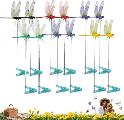 Jongdari Dragonfly Hat Clip Realistic Fake Dragonflies Clip-On Garden Outdoor Decor Stakes Plastic Dragon Fly Clips Plant Decorations for Pot (6 Colors, 12pcs)