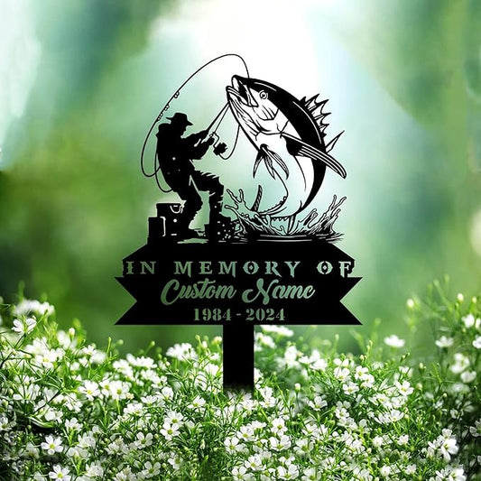 Custom Albacore Tuna Fishing Metal Memorial Stake Personalized Fisherman Catching Fish Grave Marker Name Sign Fisher Remembrance Stake Decor,Memorial Statue Sign for Garden Outdoor Outside Yard Decor.