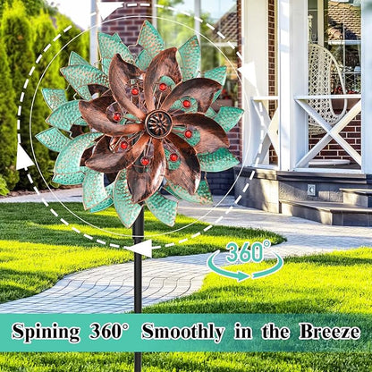 360°Metal Wind Spinners Outdoor for Garden Yard, 64" Kinetic Large Wind Spinner & Sculptures with Stable Metal Stake, Garden Windmill for Yard Lawn Patio Art Decor (Green-Brown)