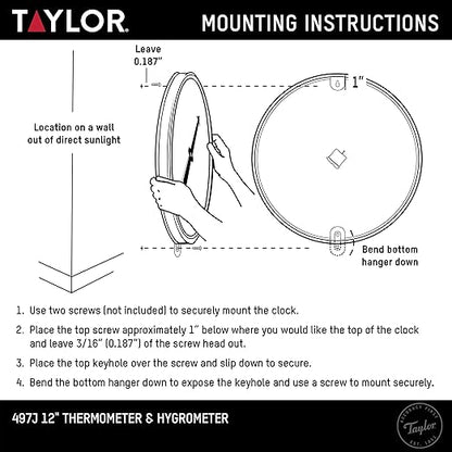 Taylor Metal Wall Indoor Outdoor Thermometer and Hygrometer, Easy to Read Numbers for Patio, Pool, and Indoor Areas, 12 inch, Multi