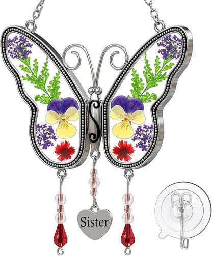 Sister Butterfly Suncatcher Stained Glass Window Hanging Sun Catchers for Windows Wind Chime with Pressed Flower Wings Embedded in Glass with Metal Trim Heart Charm Sister Christmas Gifts
