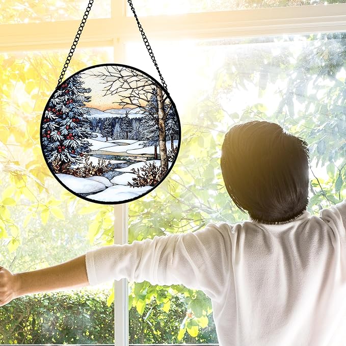 DASTOLL Stained Glass Window Hanging, Winter Snow Landscape Suncatcher Diamond Glass Panel Sun Catchers Decor for Birthday for Women, Men, Wife, Aunt, and Mom 11.8 in