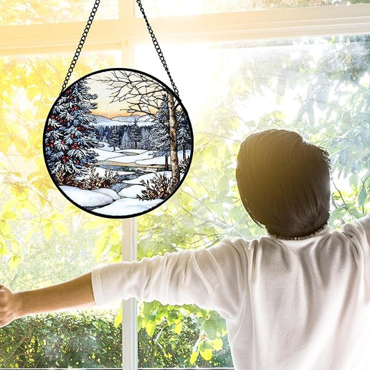 DASTOLL Stained Glass Window Hanging, Winter Snow Landscape Suncatcher Diamond Glass Panel Sun Catchers Decor for Birthday for Women, Men, Wife, Aunt, and Mom 11.8 in