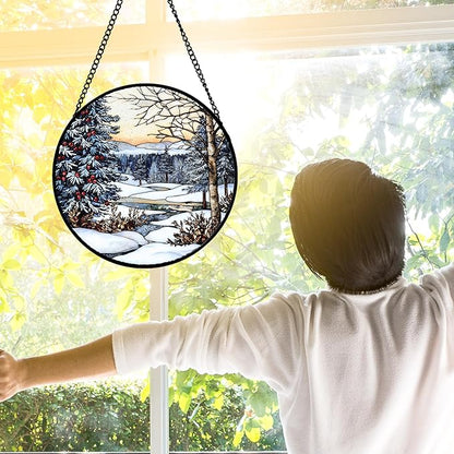 DASTOLL Stained Glass Window Hanging, Winter Snow Landscape Suncatcher Diamond Glass Panel Sun Catchers Decor for Birthday for Women, Men, Wife, Aunt, and Mom 9.8 in