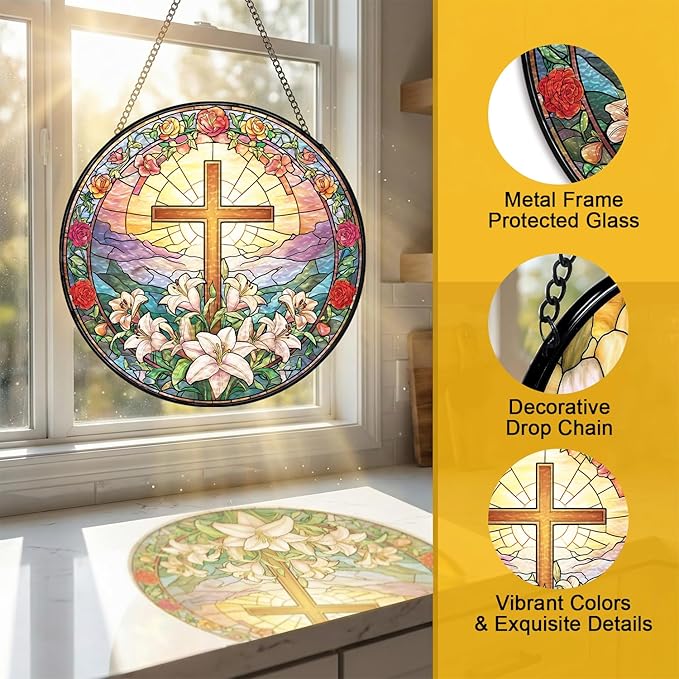 Stained Glass Sun Catcher Window Hanging - Jesus Easter Lily Flower Design, Well Made Indoor Home Decor | Perfect Christian Gifts for Mother's Day, Birthday, Christmas for Women, Mom (Sun) 7.8in