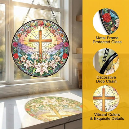 Stained Glass Sun Catcher Window Hanging - Jesus Easter Lily Flower Design, Well Made Indoor Home Decor | Perfect Christian Gifts for Mother's Day, Birthday, Christmas for Women, Mom (Sun) 7.8in