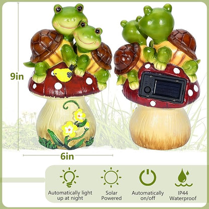 Solar Light Turtle Garden Statue, Turtle on Mushroom Figurine, Lovely Tortoise Garden Statue with 5 LED Lights for Patio, Balcony, Yard, Housewarming, Outdoor Lawn Decorations
