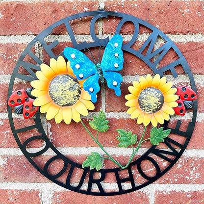 Hanging Sunflower and Butterfly Welcome Wreath, Outdoor Garden Ladybug Decor for Front Door, Porch or Backyard, Metal Construction
