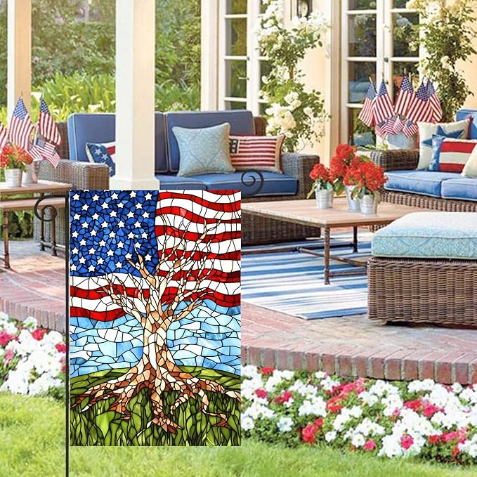 Patriotic American Garden Flag Stained Glass Tree Life Yard Flags for Outside 12x18 Double Sided Small 250 Anniversary USA 4th of July Independence Memorial Day Decor