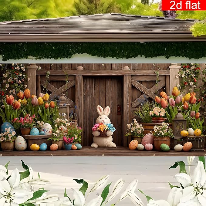 Easter Garage Door Banner Cover, Easter Bunny Flower Eggs Spring Party Backdrop Decor, Garage Door Cover For Outdoor Yard Holiday Decoration