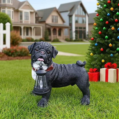 Black Pug Front-Door Greeter with Solar Lantern & Double-Sided Sign, Standing Pug Yard Statue for Planters, Walkways & Porch Seating