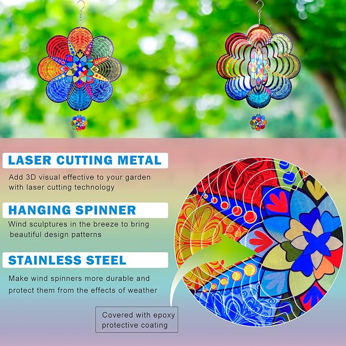 Wind Spinners,12 inch Multi Color Mandala with 360° Swivel Hook for Yard and Garden, Bird Wind Catcher, Metal Wind Spinners Outdoor for Lawn Hanging Crafts Decor Kinetic Yard Art Ornament Gifts